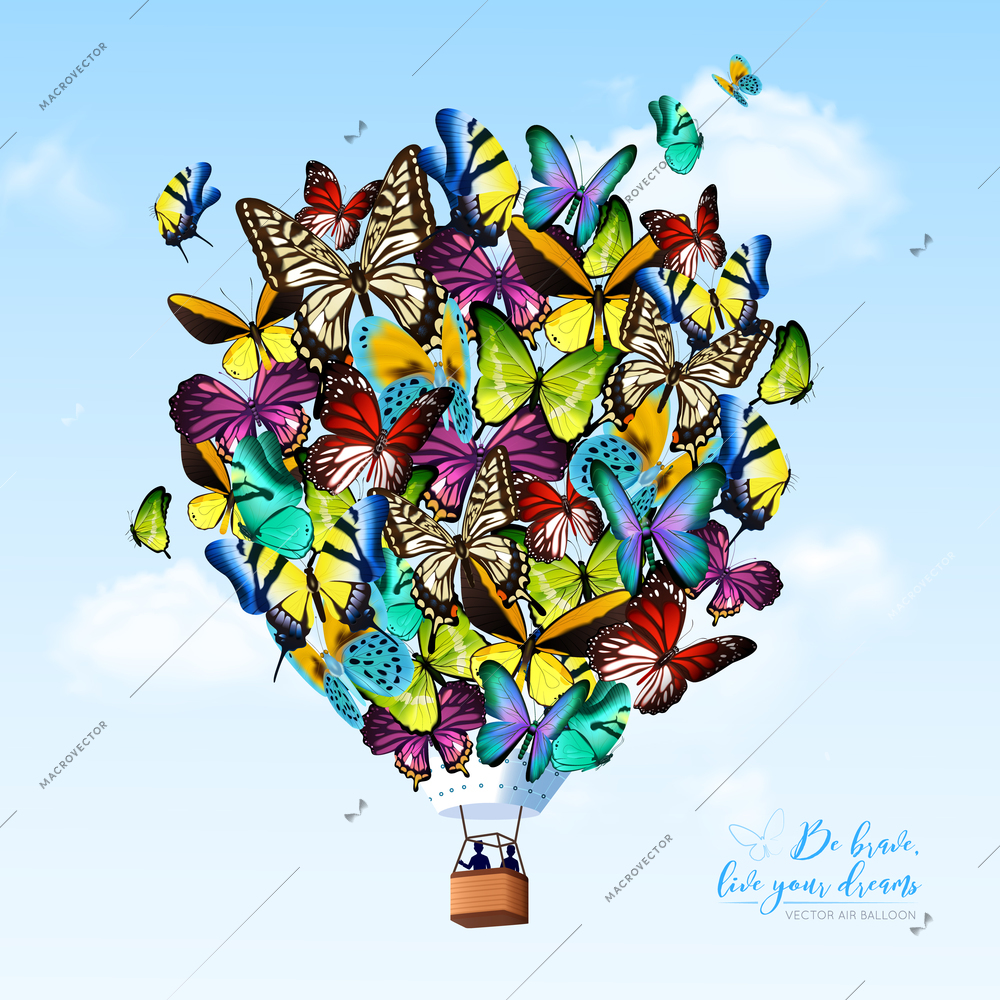 Big fantastic colorful hot air butterfly balloon on clear sky with small clouds background flat vector illustration