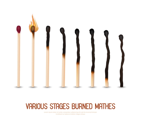 Various stages of matches burning from new to completely burned set isolated on white background realistic vector illustration