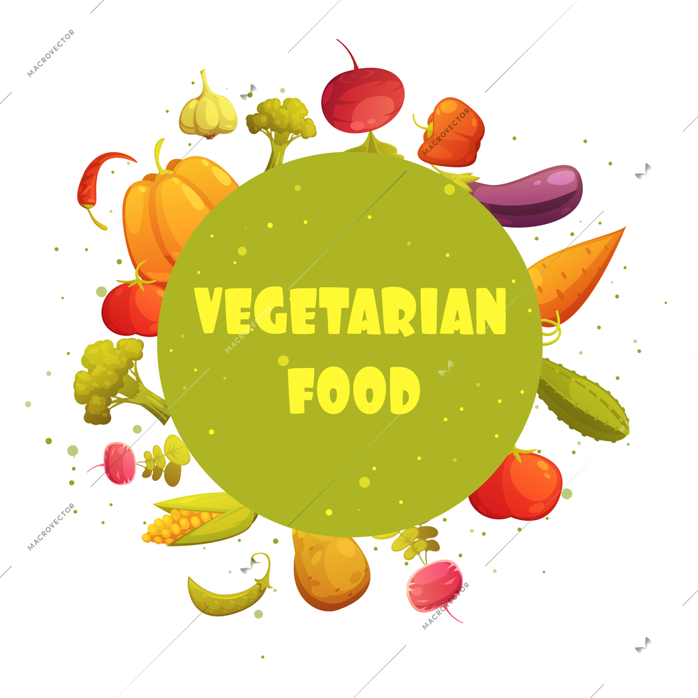 Vegetarian food diet round green circle fresh vegetables composition cartoon retro style icon poster abstract vector illustration