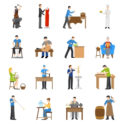 Flat design craftsmen icons with people having various professions isolated on white background vector illustration