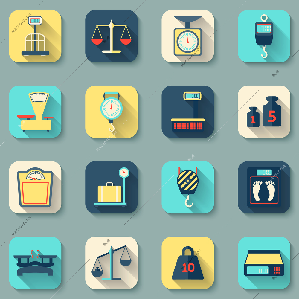 Flat decorative icons set of weight scales tools instruments isolated vector illustration