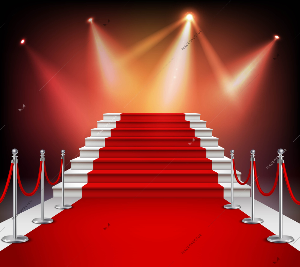 White stairs covered with red carpet and illuminated by spotlight realistic vector illustration