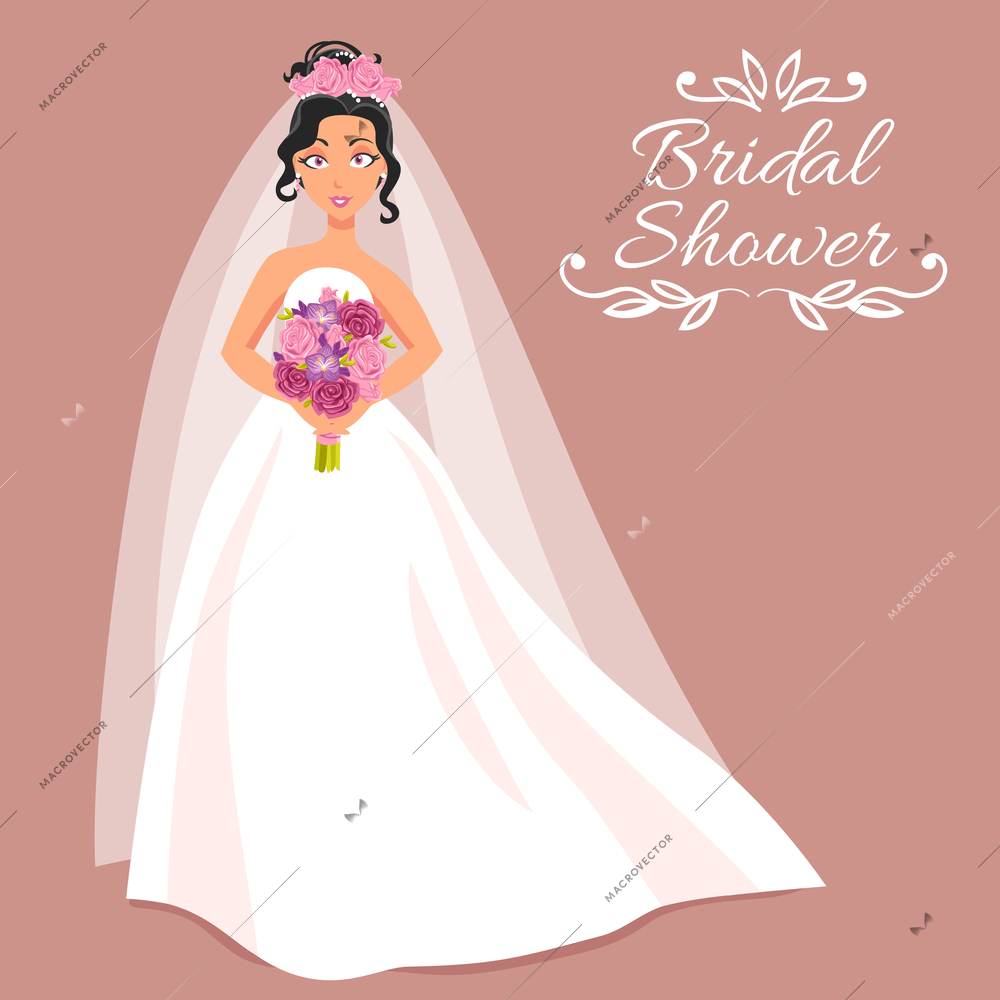 Bridal shower cartoon invitation with beautiful young bride in white dress and veil on rose background holding bouquet of roses  vector illustration