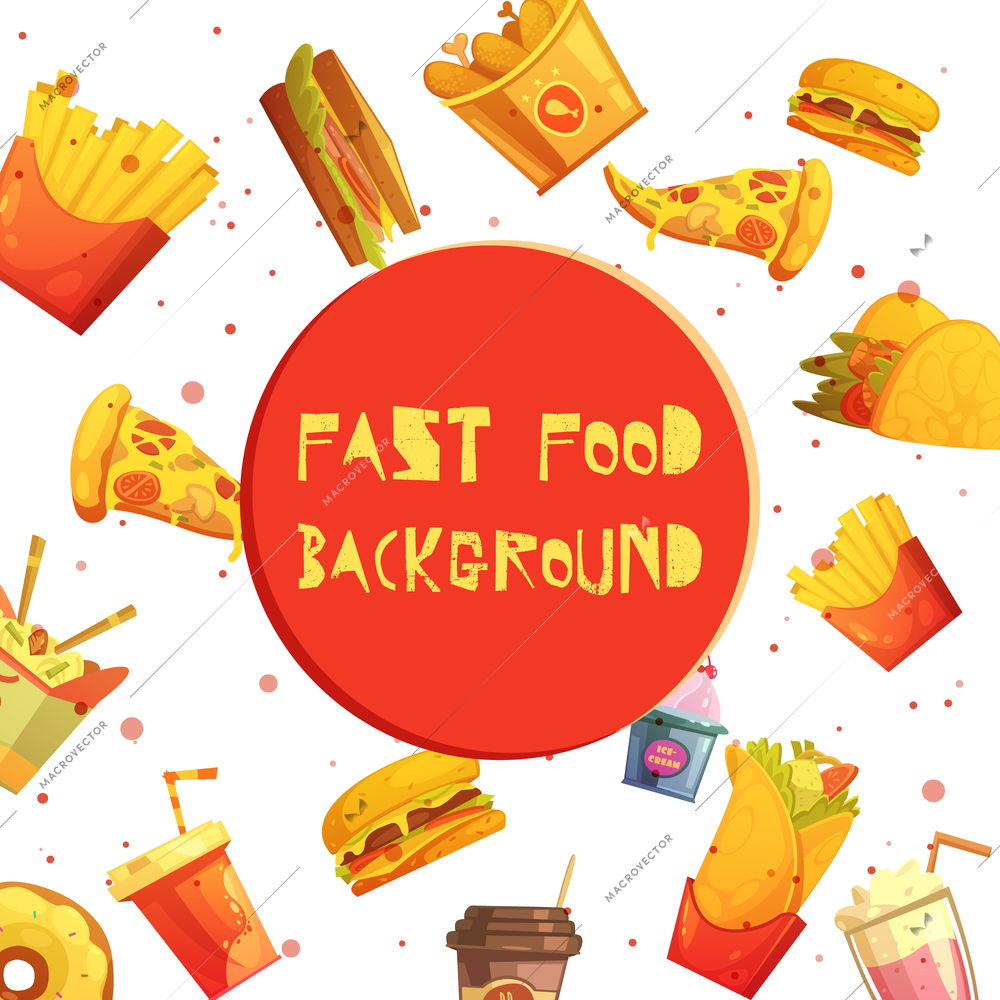 Fast food restaurant menu items decorative background or frame retro cartoon advertisement poster abstract vector illustration