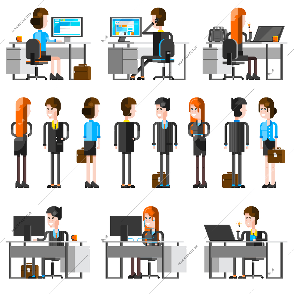 Office people flat cartoon icons set of young employees working at desk with pc monitor and talking to business partners isolated vector illustration