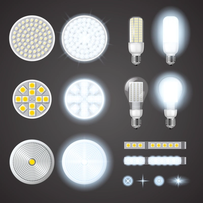 Turned on and off led lamps and lights effects of different size and shape set on black background isolated realistic vector illustration