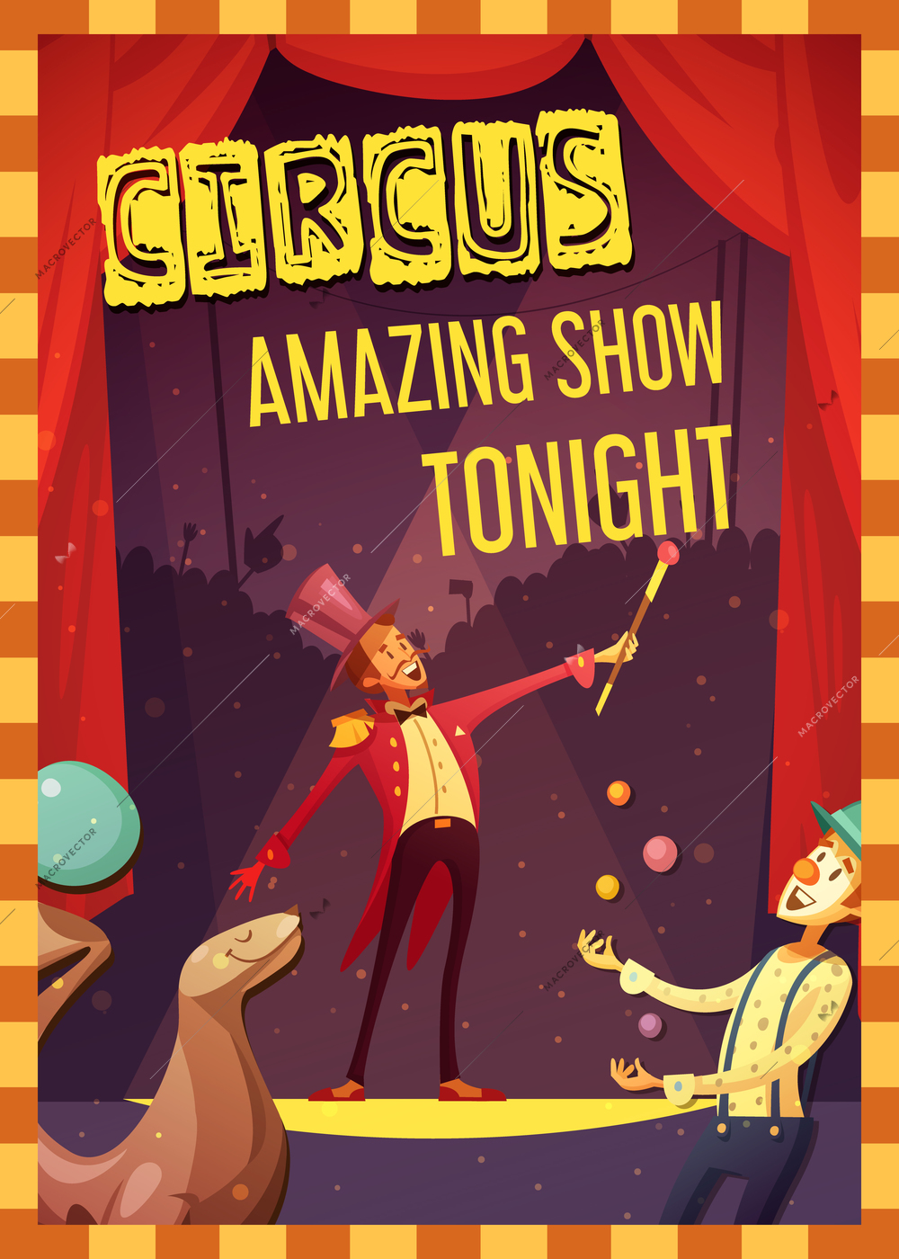 Traveling chapiteau circus show announcement retro cartoon style poster print with clown and magician performance vector illustration