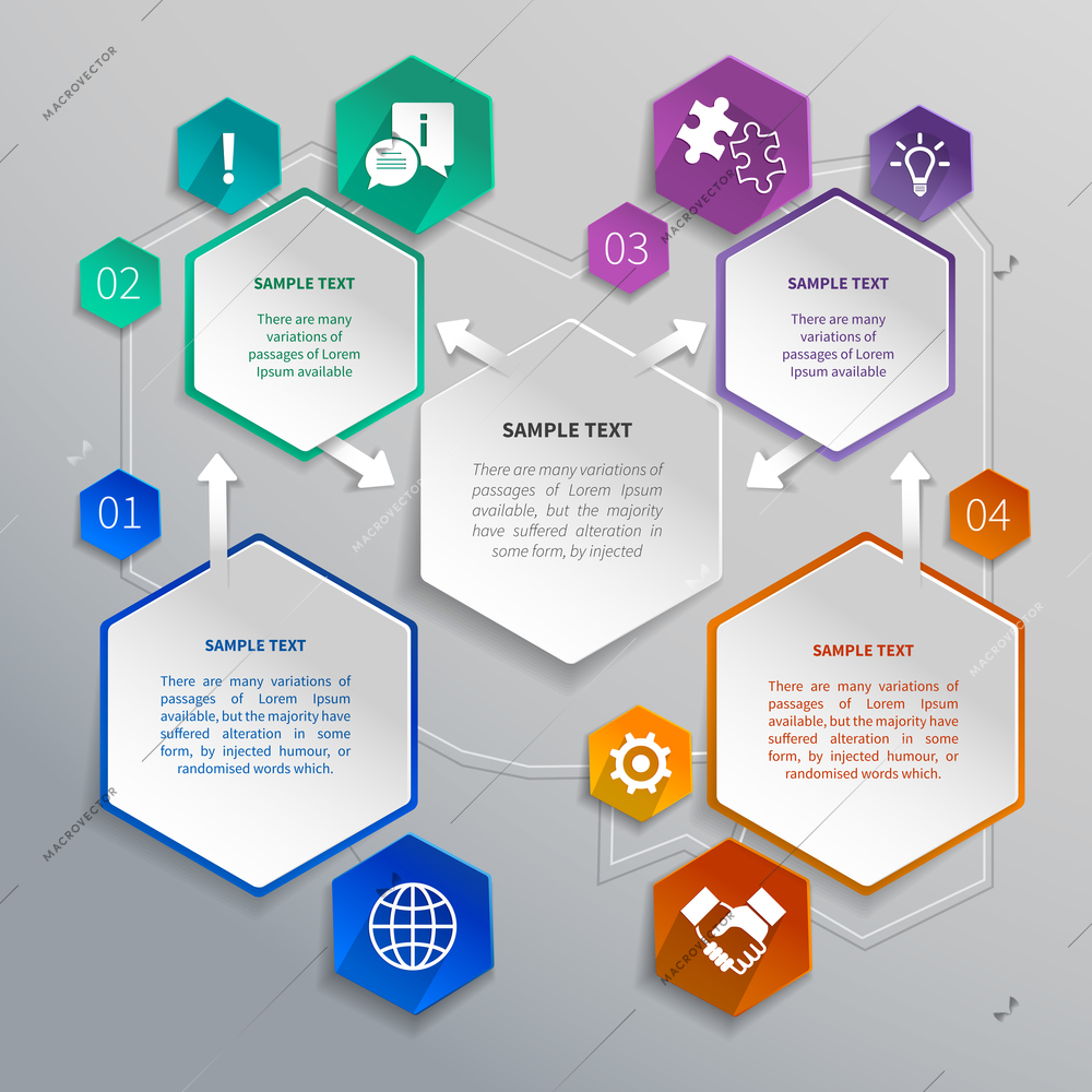 Abstract paper hexagons geometric shape infographics with business elements design template vector illustration