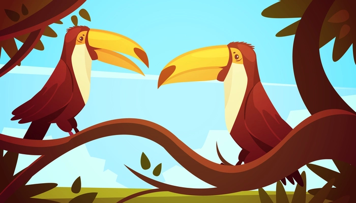 Two toucan birds sitting on large tree branch with blue sky background poster retro cartoon style illustration vector