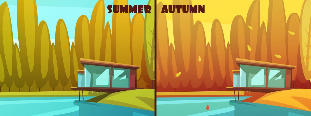 Nature parks outdoor 2 seasons retro cartoon style pictures for summer and autumn icons isolated vector illustration