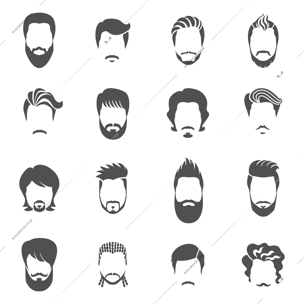 Set of black icons hairstyle man with beard and mustache wiyhout face vector illustration