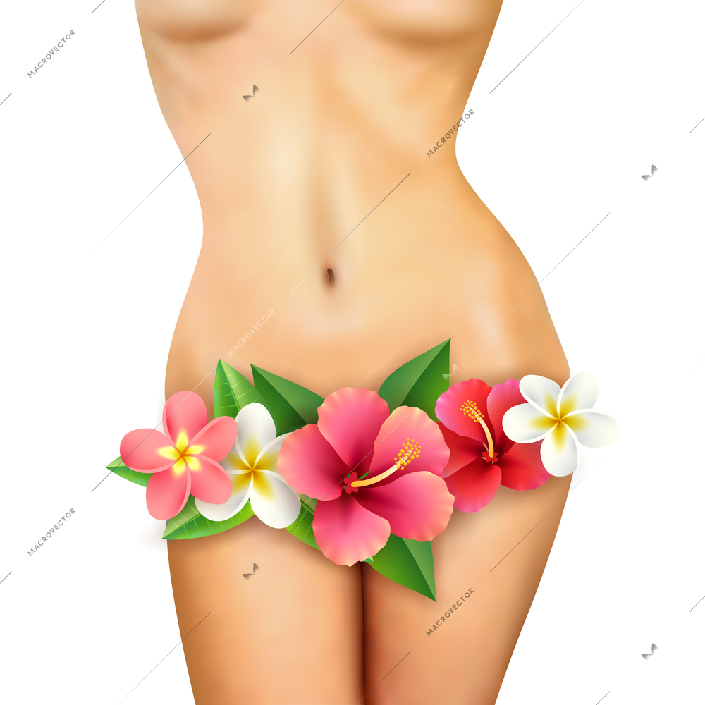 Beautiful healthy slim naked woman body with big flowers on white background realistic vector illustration