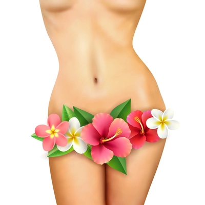 Beautiful healthy slim naked woman body with big flowers on white background realistic vector illustration