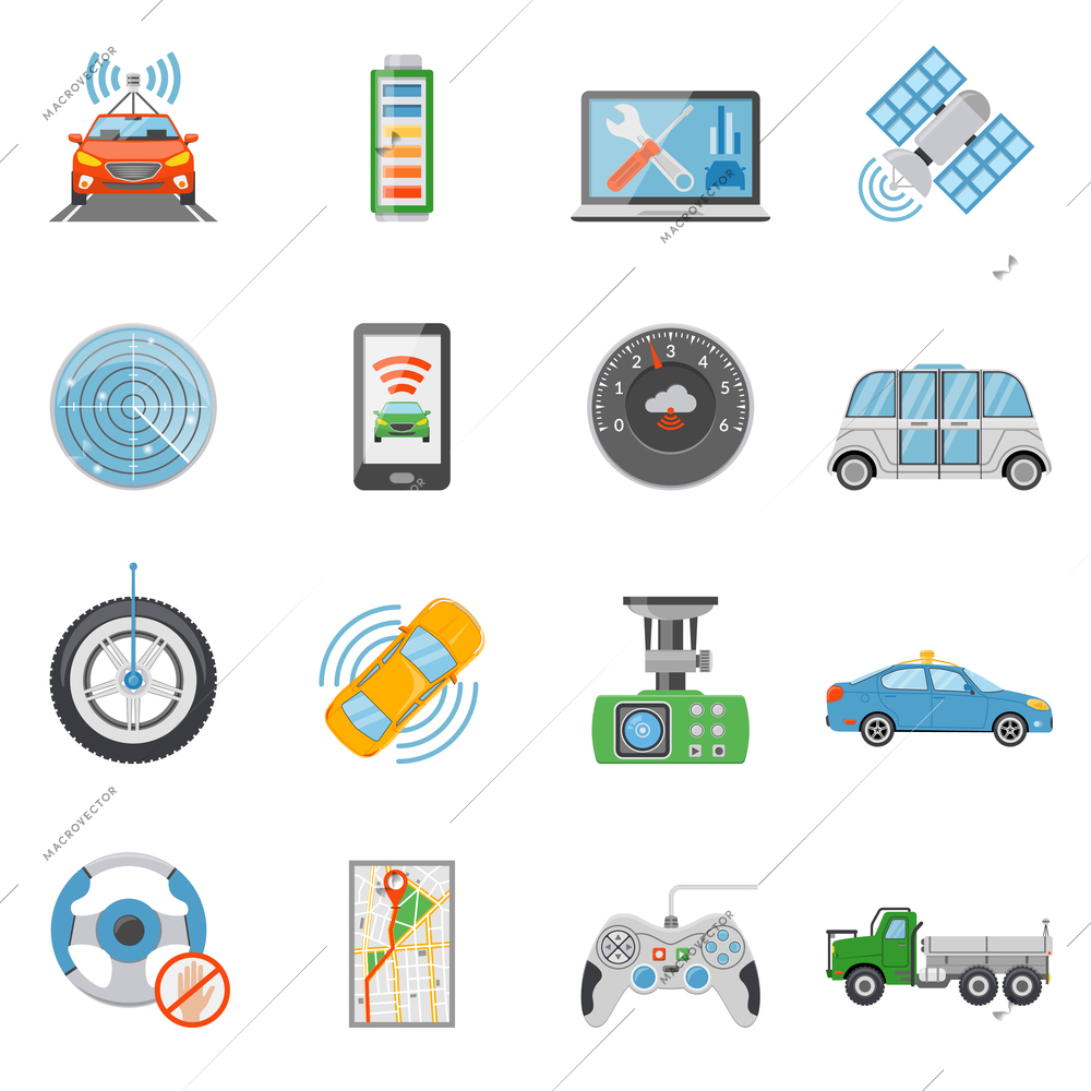 Flat driverless car autonomous vehicle icons set isolated on white background vector illustration