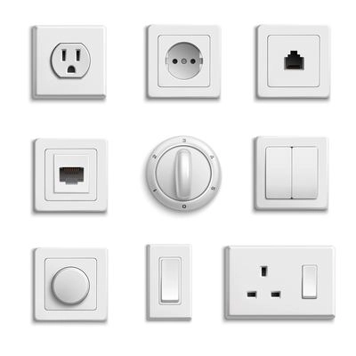 Square rectangular and round white switches and sockets realistic set on white background isolated vector illustration