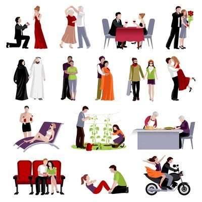 Couples people of different age and nationalities spending time together in various places flat set on white background isolated vector illustration