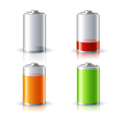 Realistic 3d battery icons set with full and low charge status energy level isolated vector illustration