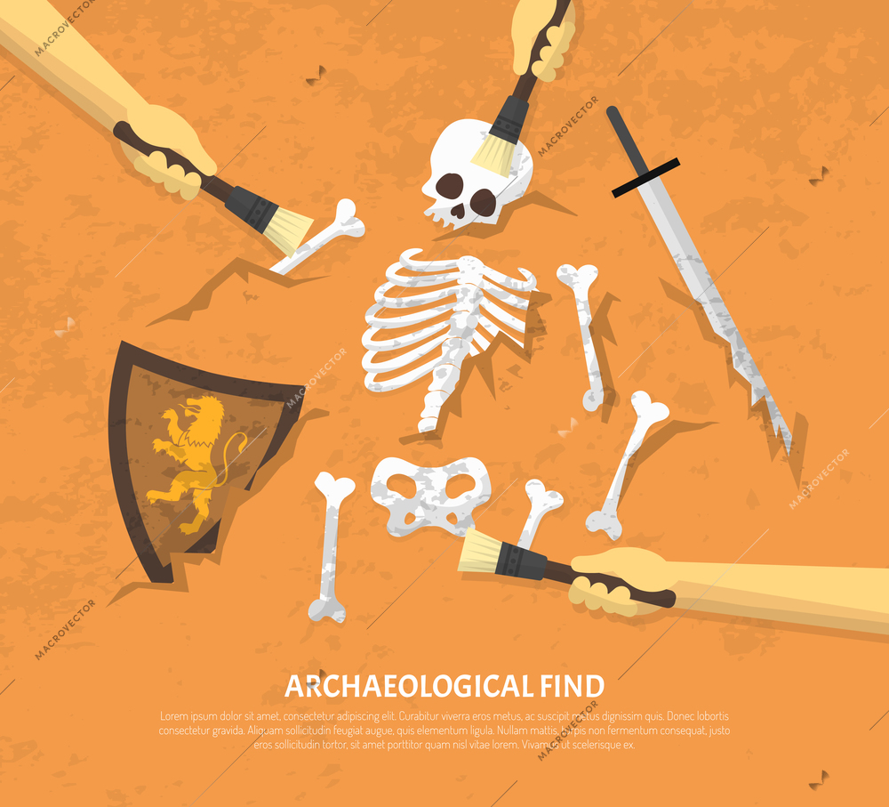 Archaeological site discovery poster with new unearthed finds medieval knight remnants on sand background flat vector illustration