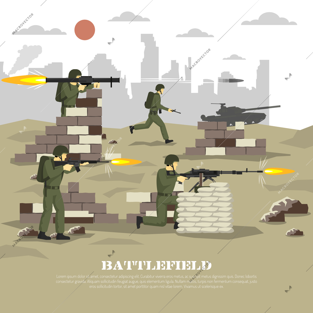 Military army war computer video game battlefield shooter personal cinematic experience flat poster print abstract vector illustration