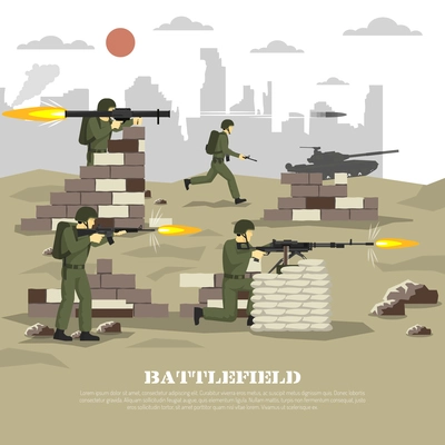 Military army war computer video game battlefield shooter personal cinematic experience flat poster print abstract vector illustration