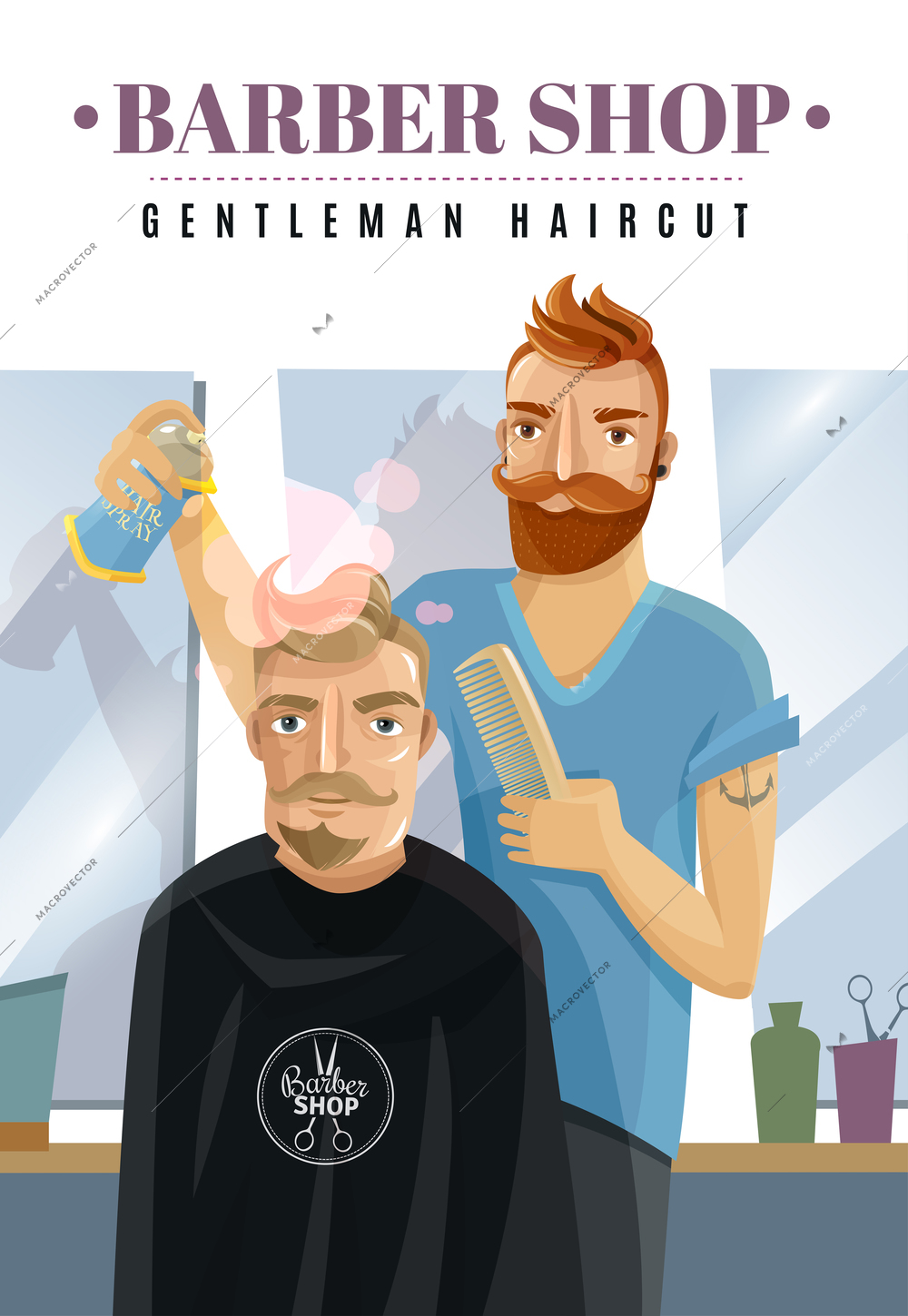 Hairdresser finishing hipster man haircut with comb and spray at barbershop cartoon vector illustration