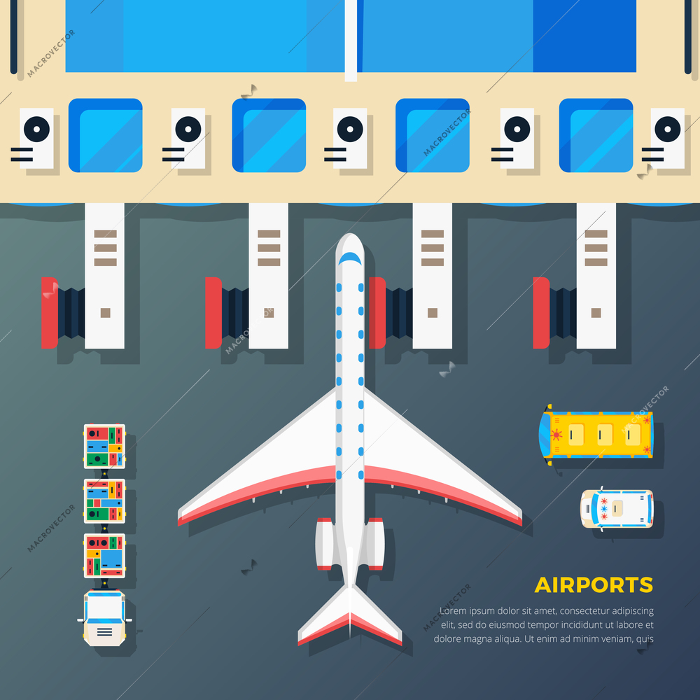 Airport apron planes airfield area with aircraft at jet bridge and ground srvice top view abstract vector illustration