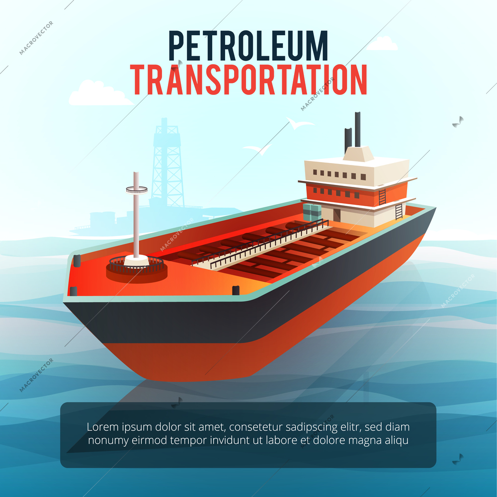 Petroleum industry products transporting tanker with oil deep water drilling platform on background poster isometric vector illustration