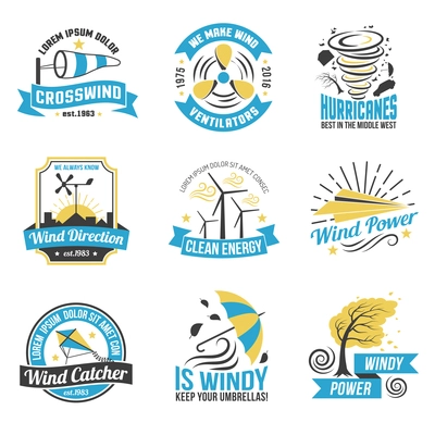 Wind energy production emblems set with windmills and natural sources of green power abstract isolated vector illustration