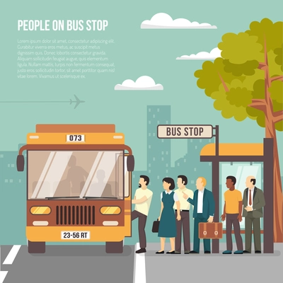 People getting on bus at shelter stop in city flat poster with information on transportation vector illustration