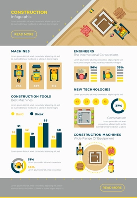 Construction infographic set tools and technologies symbols flat vector illustration