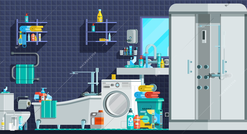 Hygiene icons orthogonal flat composition with shower cabin bath sink washing machine toiletries vector illustration