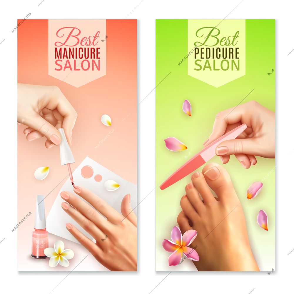 Vertical best pedicure and manicure salon banners in pastel colors with female hands feet and beauty tools isolated on white background realistic vector illustration