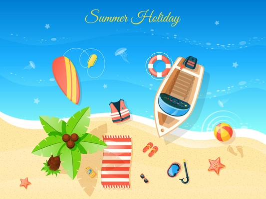 Beach and summer holiday  top view with boat flat vector illustration