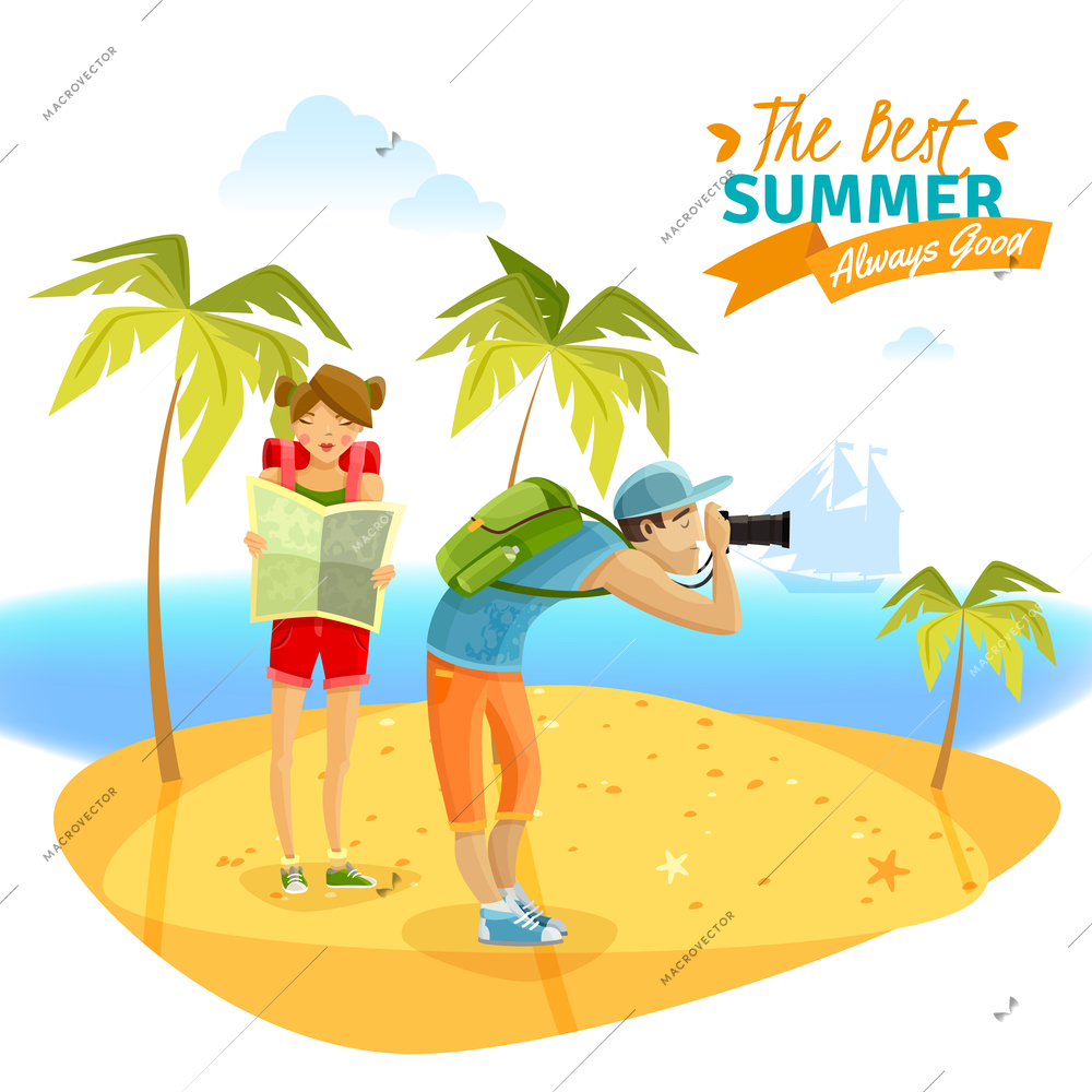 Young couple on summer vacations on tropical island cartoon vector illustration