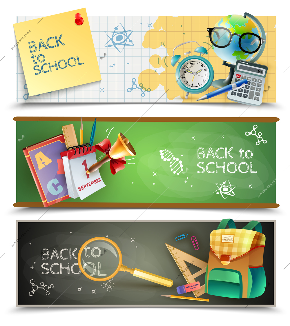 Back to school 3 horizontal banners set with chalkboards textbooks and sport lessons accessories isolated vector illustration