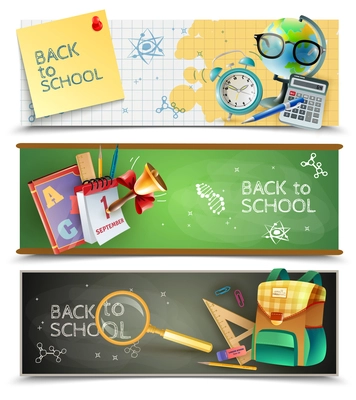 Back to school 3 horizontal banners set with chalkboards textbooks and sport lessons accessories isolated vector illustration