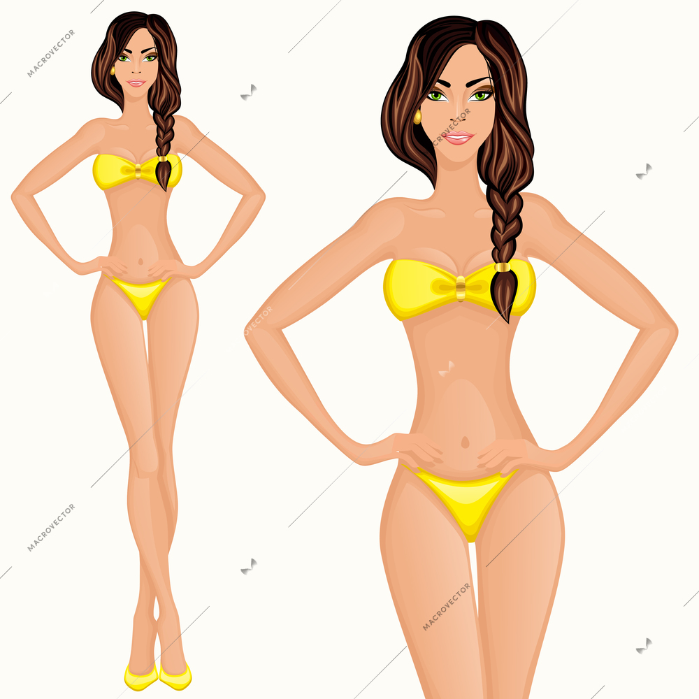 Young long legged woman with slim and attractive figure in yellow bikini vector illustration