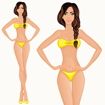 Young long legged woman with slim and attractive figure in yellow bikini vector illustration