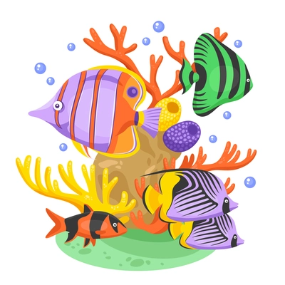 Exotic tropical fish concept with fish and corals flat vector illustration