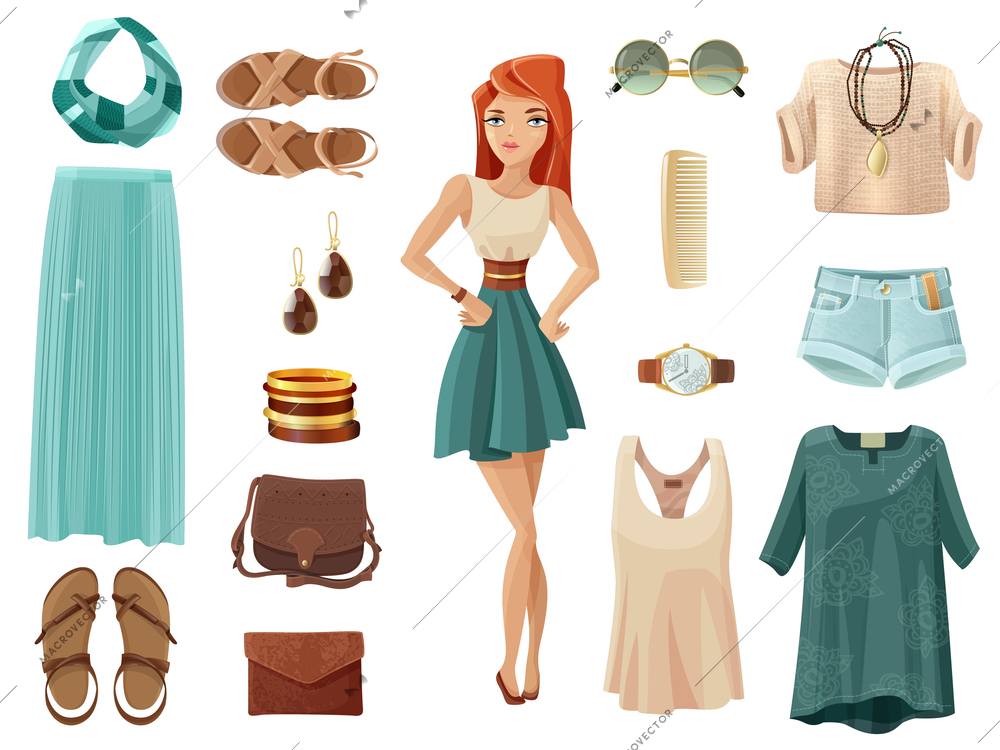 Fashion woman set of summer clothes shoes and accessory in pastel colors with girl in middle on white background cartoon isolated vector illustration