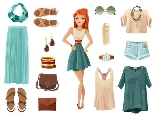 Fashion woman set of summer clothes shoes and accessory in pastel colors with girl in middle on white background cartoon isolated vector illustration