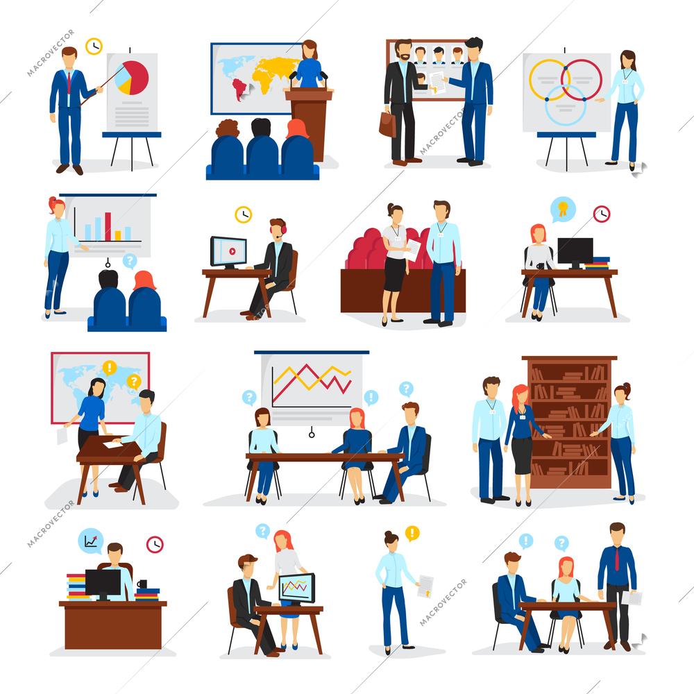 Business training and consulting programs for general management strategy and innovations flat icons collection isolated vector illustration