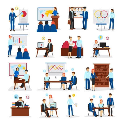 Business training and consulting programs for general management strategy and innovations flat icons collection isolated vector illustration