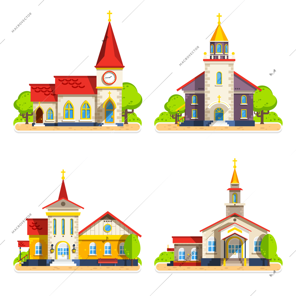 Beautiful historic church buildings of different architecture styles flat icons set on white background isolated vector illustration