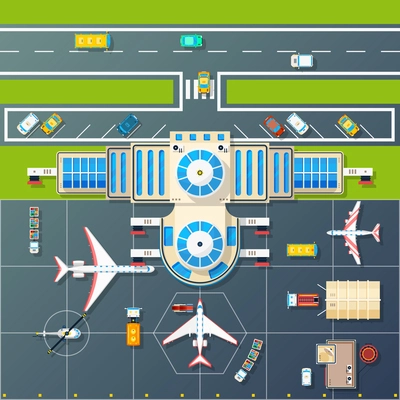 Airport building and parking airfield area for planes and helicopter with motorway top view abstract vector illustration