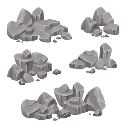 Design groups of rocks and stones boulders in gray color on white background isolated vector illustration
