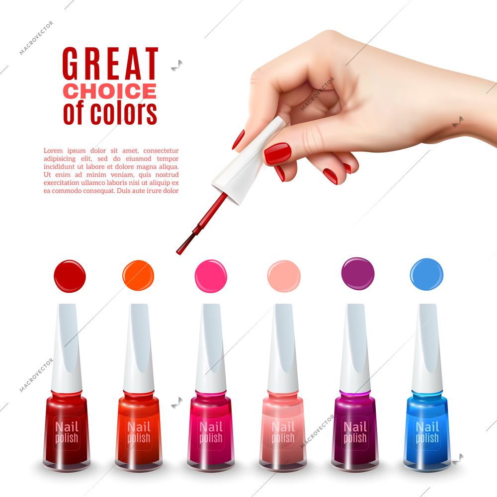 Best choice of new tints nail polish colors with beautiful hand holding brush advertisement poster realistic vector illustration