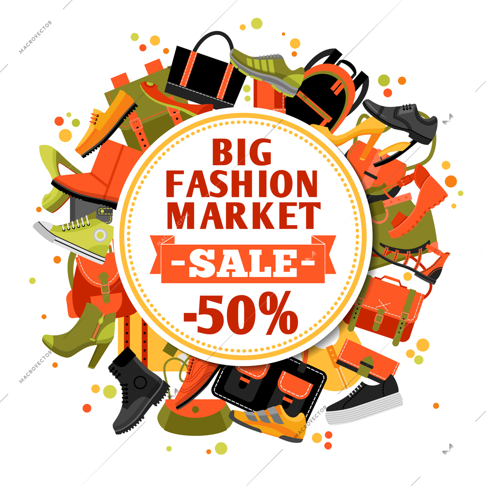 Sale of fashion footwear design concept with set of shoes and bags and announcement of fifty percent discount vector illustration