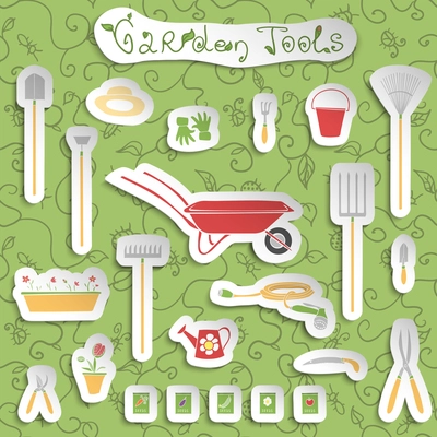 Decorative stickers collection of garden outdoors tools and accessories set with seeds and flowers vector illustration