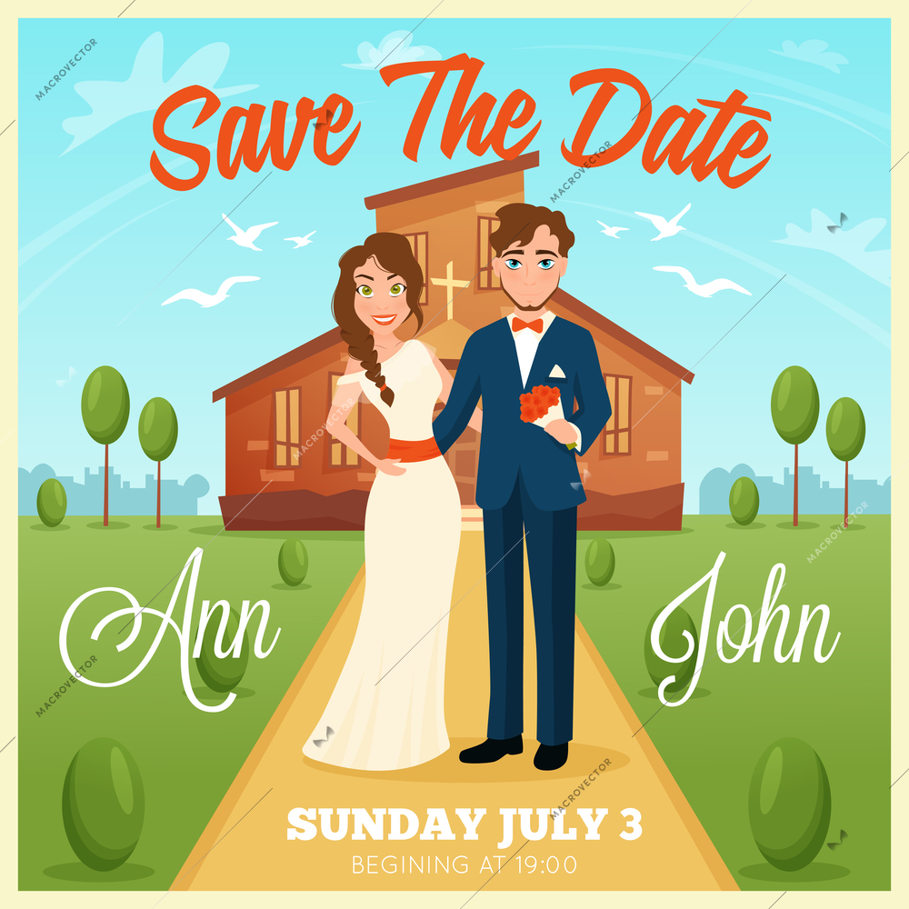 Wedding invitation cartoon card with bride and groom on church background and wedding date flat vector illustration